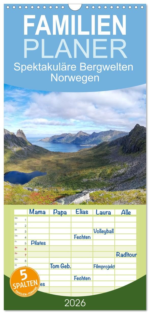 Familienplaner 2026 - Spektakuläre Bergwelten Norwegen mit 5 Spalten (Wandkalender, 21 cm x 45 cm), CALVENDO Leisure, Home & Garden