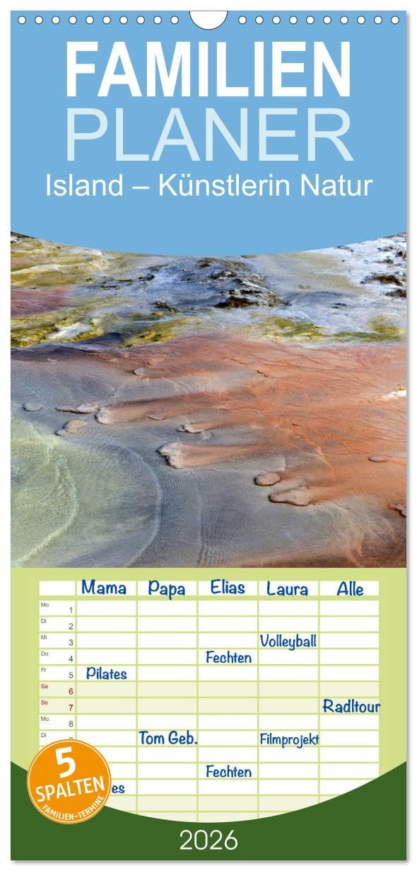 Familienplaner 2026 - Island – Künstlerin Natur mit 5 Spalten (Wandkalender, 21 cm x 45 cm), CALVENDO Leisure, Home & Garden