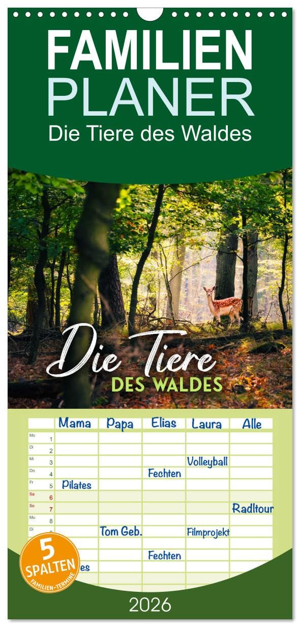 Familienplaner 2026 - Die Tiere des Waldes mit 5 Spalten (Wandkalender, 21 cm x 45 cm), CALVENDO Natural Sciences