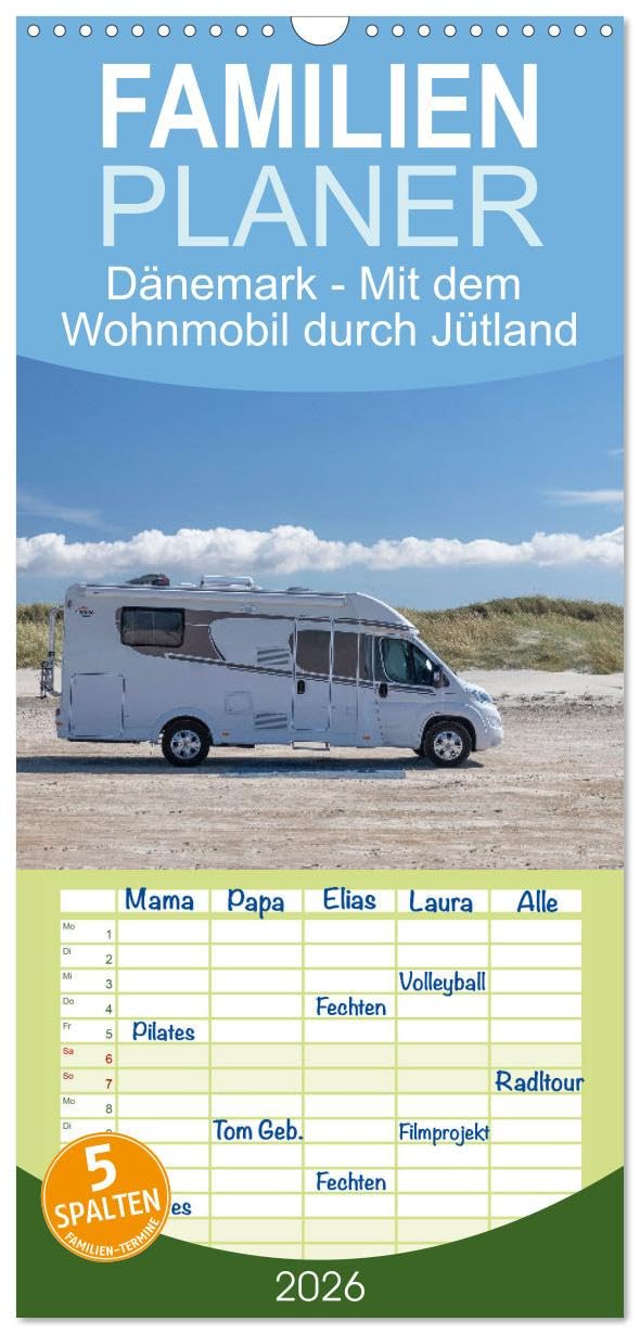 Familienplaner 2026 - Dänemark - Mit dem Wohnmobil durch Jütland mit 5 Spalten (Wandkalender, 21 cm x 45 cm), CALVENDO Leisure, Home & Garden