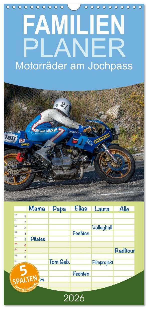 Familienplaner 2026 - Motorräder am Jochpass mit 5 Spalten (Wandkalender, 21 cm x 45 cm), CALVENDO Photography