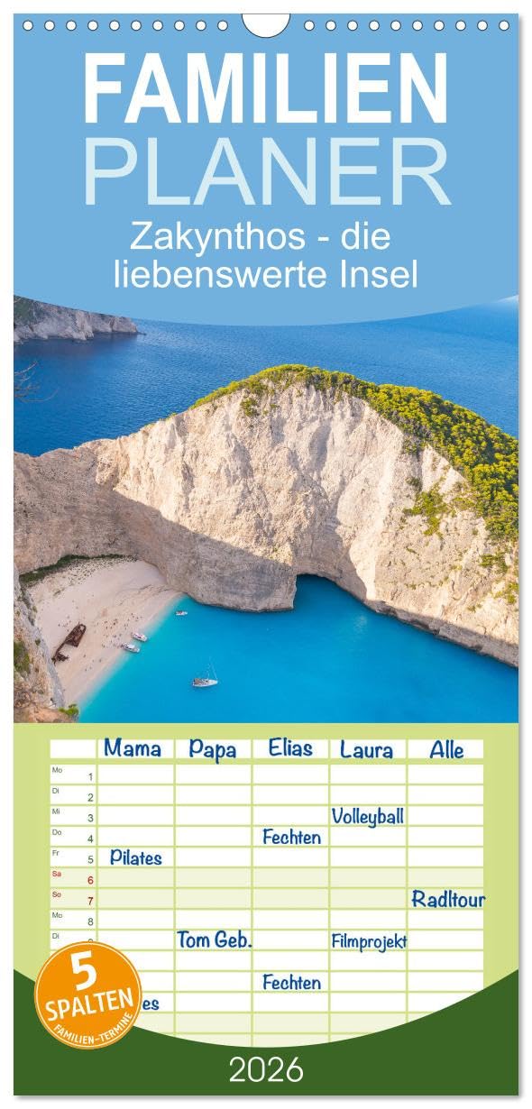 Familienplaner 2026 - Zakynthos - die liebenswerte Insel mit 5 Spalten (Wandkalender, 21 cm x 45 cm), CALVENDO Leisure, Home & Garden