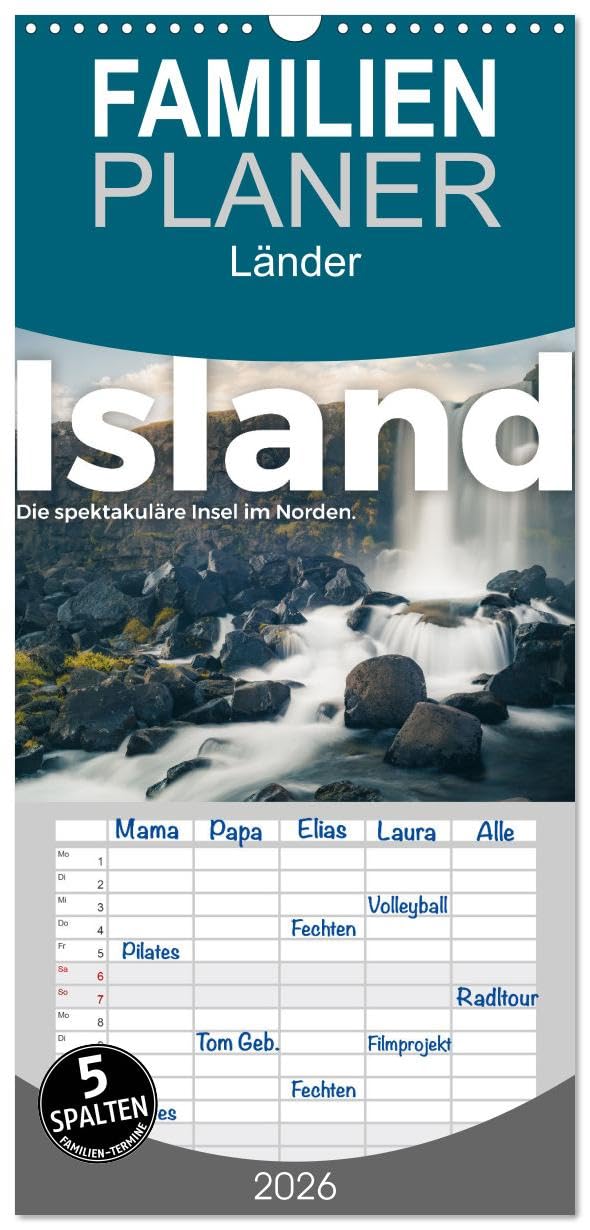 Familienplaner 2026 - Island - Die spektakuläre Insel im Norden. mit 5 Spalten (Wandkalender, 21 cm x 45 cm), CALVENDO Leisure, Home & Garden