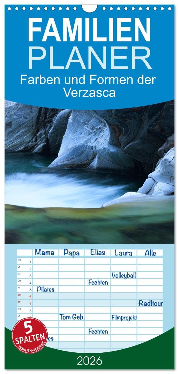 Familienplaner 2026 - Farben und Formen der Verzasca mit 5 Spalten (Wandkalender, 21 cm x 45 cm), CALVENDO Photography