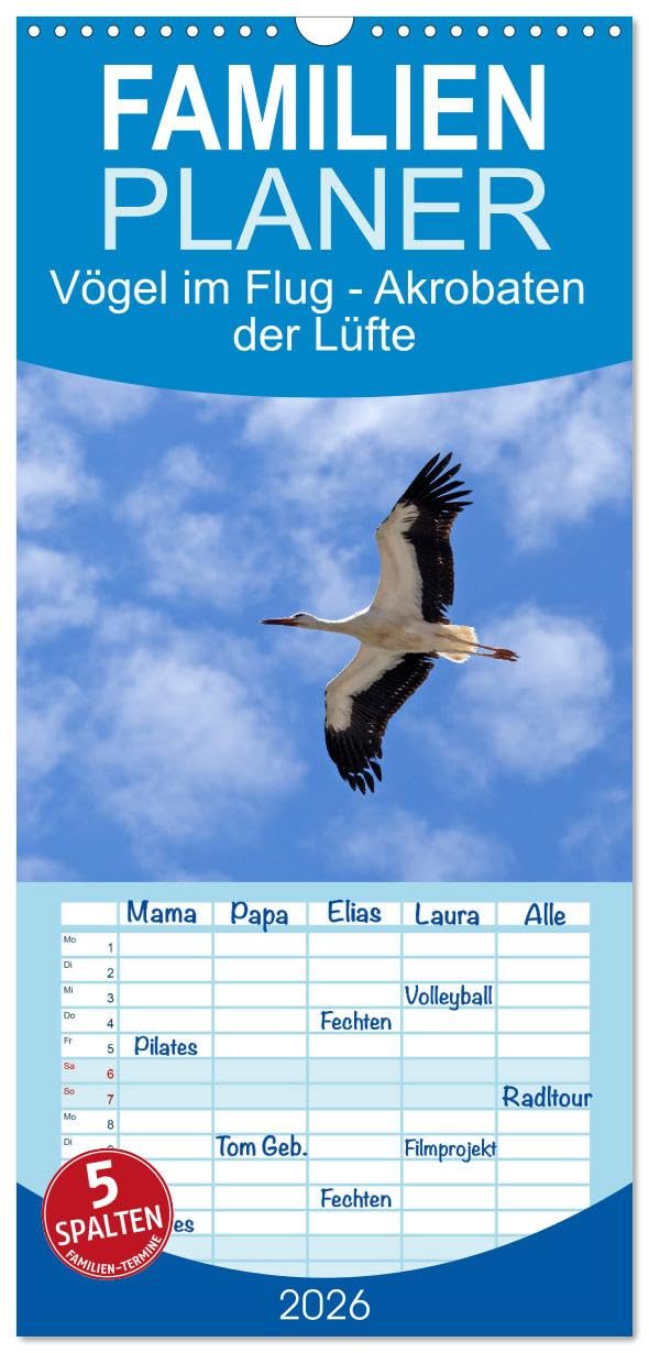 Familienplaner 2026 - Vögel im Flug - Akrobaten der Lüfte mit 5 Spalten (Wandkalender, 21 cm x 45 cm), CALVENDO Natural Sciences