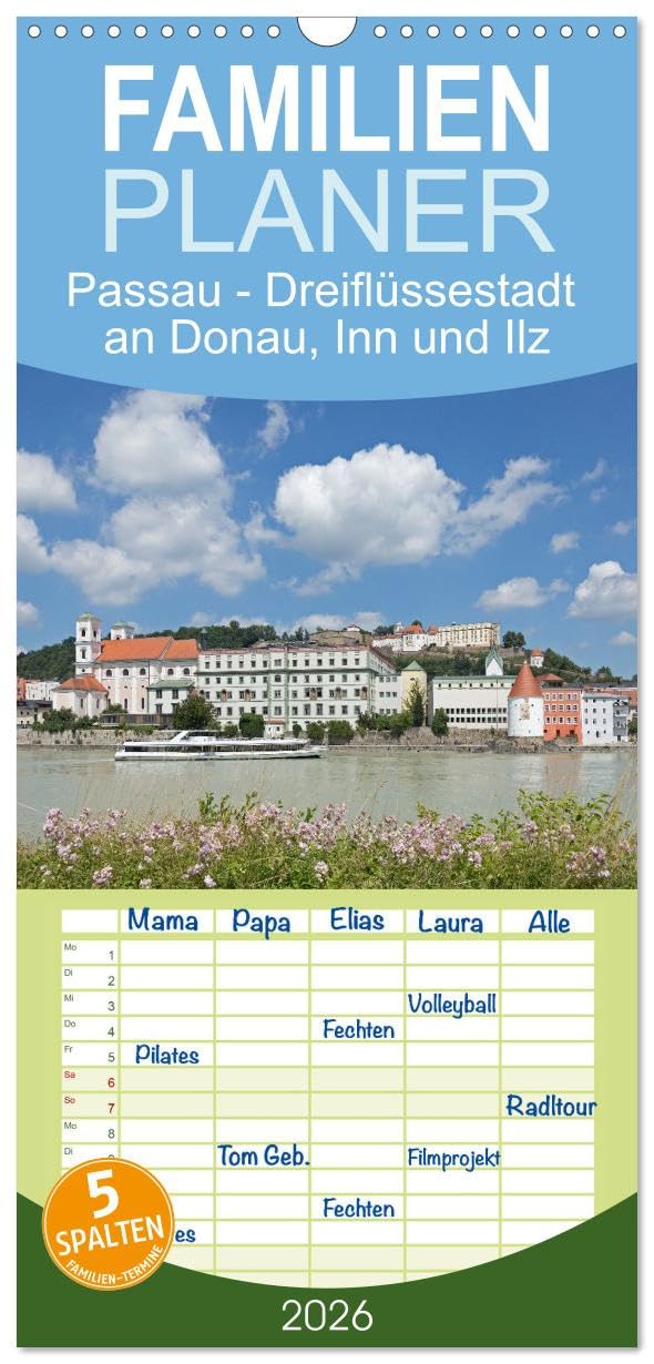 Familienplaner 2026 - Passau - Dreiflüssestadt an Donau, Inn und Ilz mit 5 Spalten (Wandkalender, 21 cm x 45 cm), CALVENDO Calendars