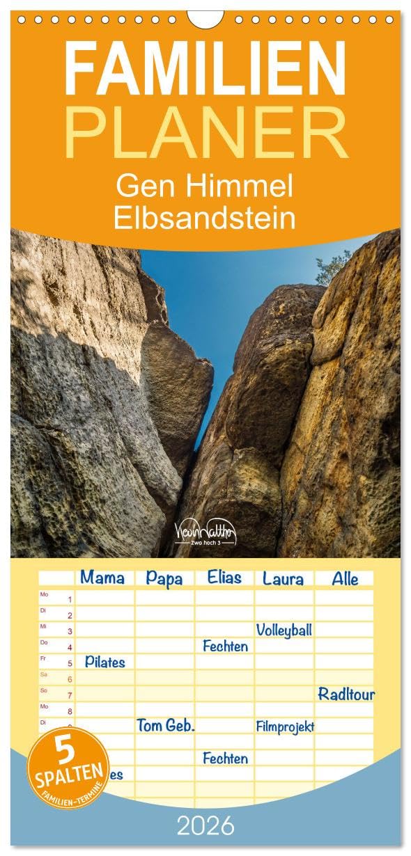 Familienplaner 2026 - Gen Himmel - Elbsandstein mit 5 Spalten (Wandkalender, 21 cm x 45 cm), CALVENDO Leisure, Home & Garden