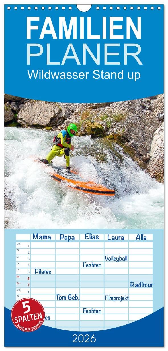 Familienplaner 2026 - Wildwasser Stand up mit 5 Spalten (Wandkalender, 21 cm x 45 cm), CALVENDO Photography