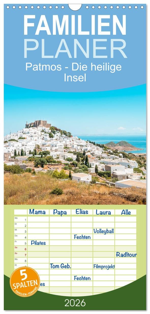 Familienplaner 2026 - Patmos - Die heilige Insel mit 5 Spalten (Wandkalender, 21 cm x 45 cm), CALVENDO Leisure, Home & Garden
