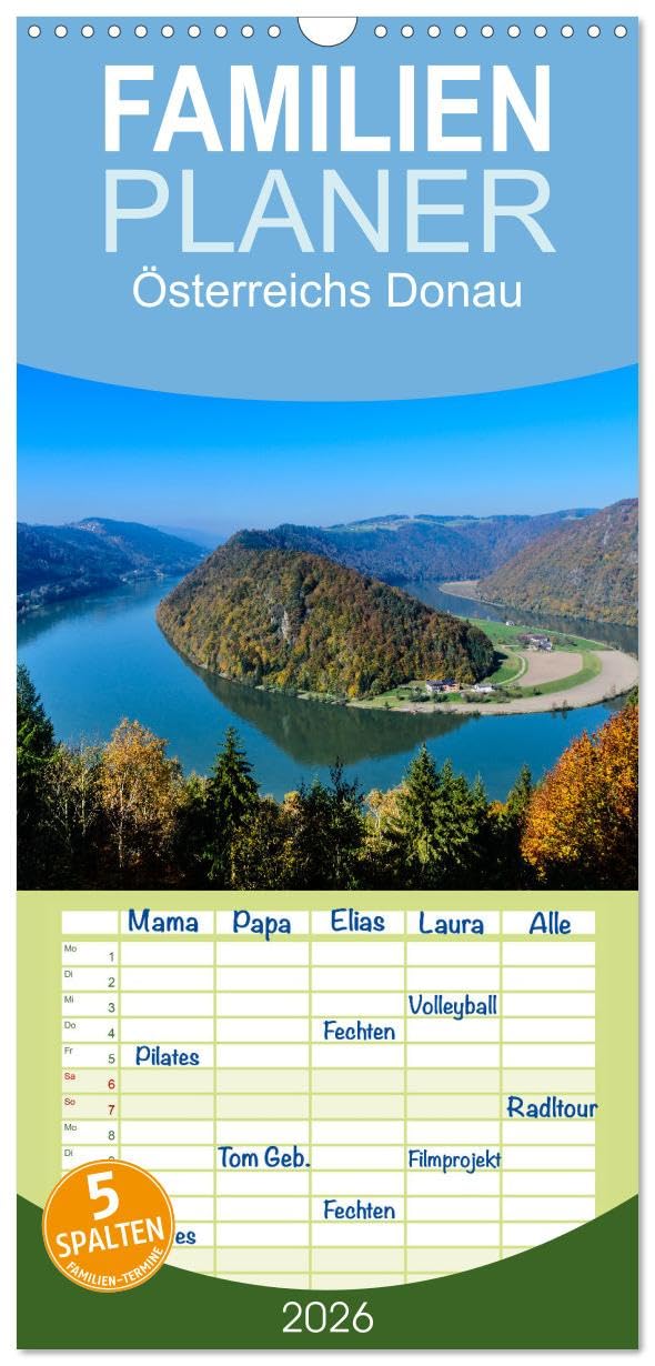 Familienplaner 2026 - Österreichs Donau mit 5 Spalten (Wandkalender, 21 cm x 45 cm), CALVENDO Photography