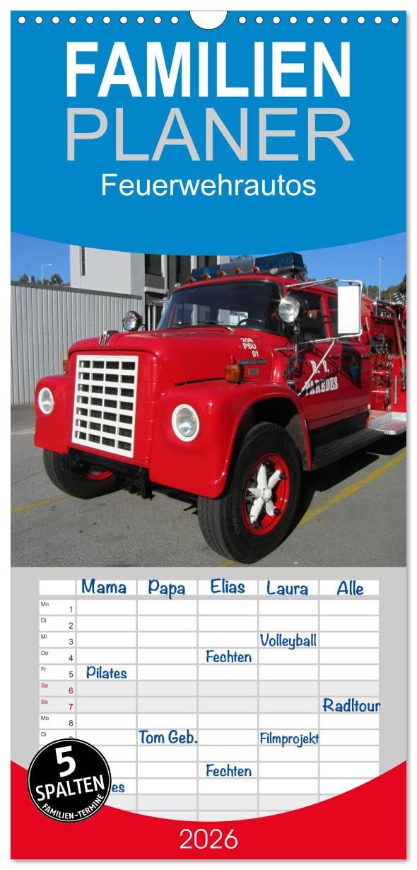 Familienplaner 2026 - Feuerwehrautos mit 5 Spalten (Wandkalender, 21 cm x 45 cm), CALVENDO Books