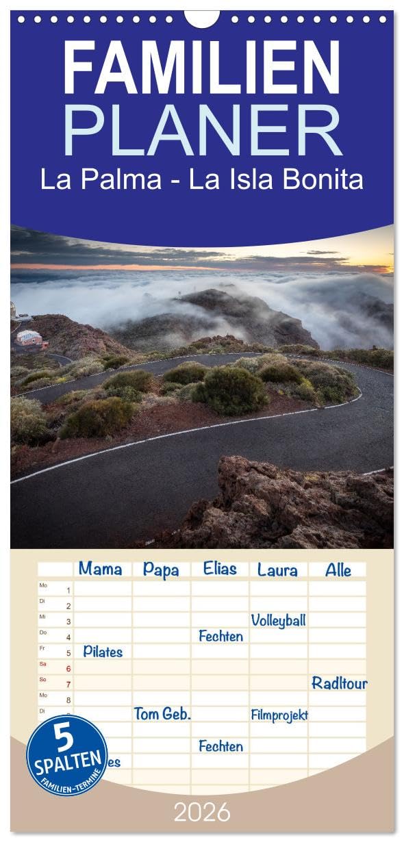 Familienplaner 2026 - La Palma - La Isla Bonita mit 5 Spalten (Wandkalender, 21 cm x 45 cm), CALVENDO Photography