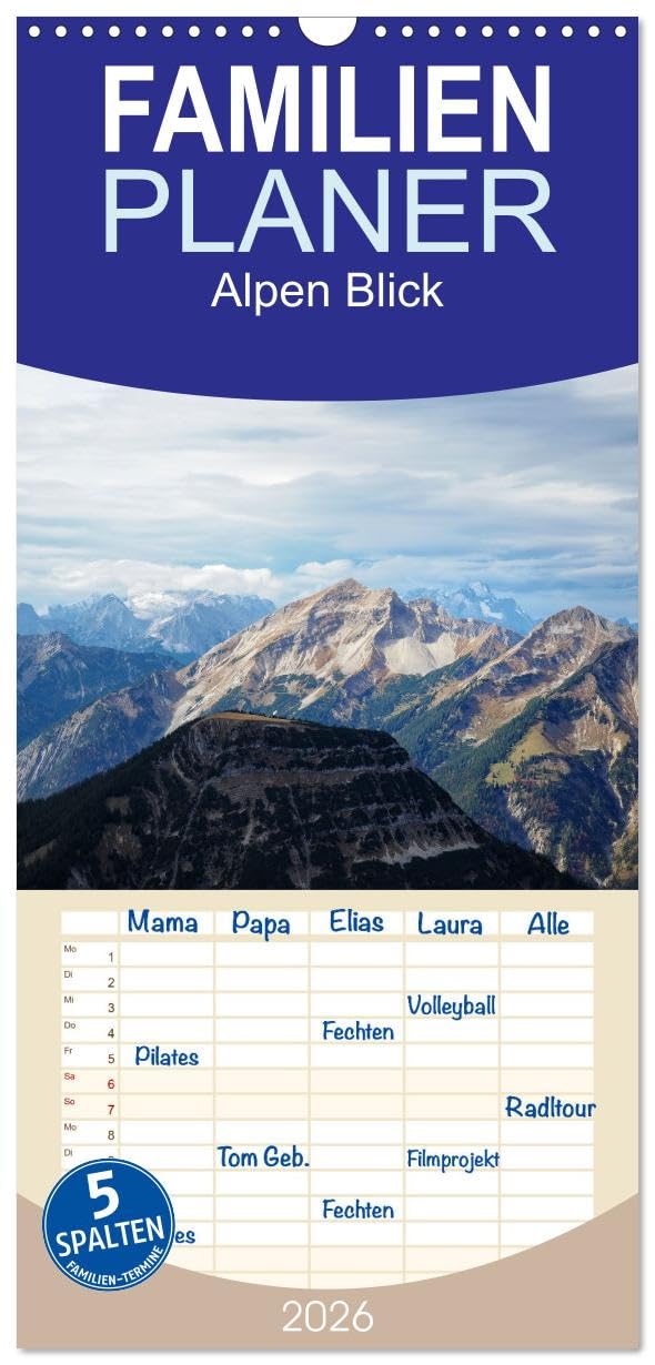 Familienplaner 2026 - Alpen Blick mit 5 Spalten (Wandkalender, 21 cm x 45 cm), CALVENDO Photography