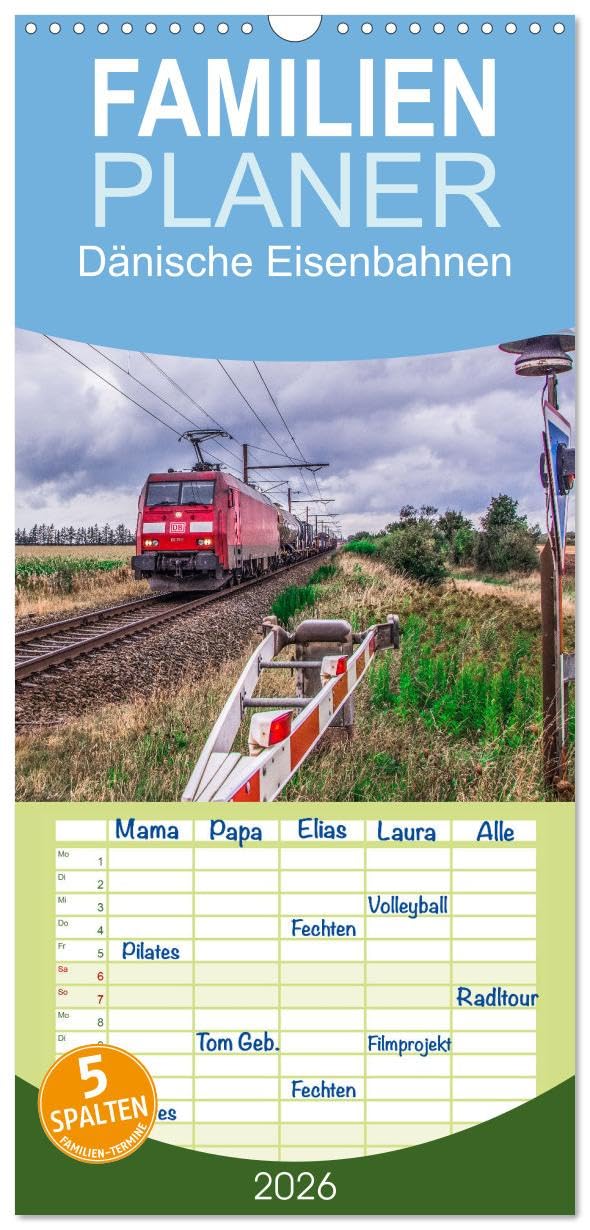 Familienplaner 2026 - Dänische Eisenbahnen mit 5 Spalten (Wandkalender, 21 cm x 45 cm), CALVENDO Leisure, Home & Garden