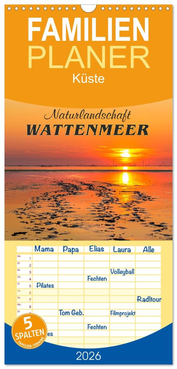 Familienplaner 2026 - Naturlandschaft WATTENMEER mit 5 Spalten (Wandkalender, 21 cm x 45 cm), CALVENDO Film, Art & Culture