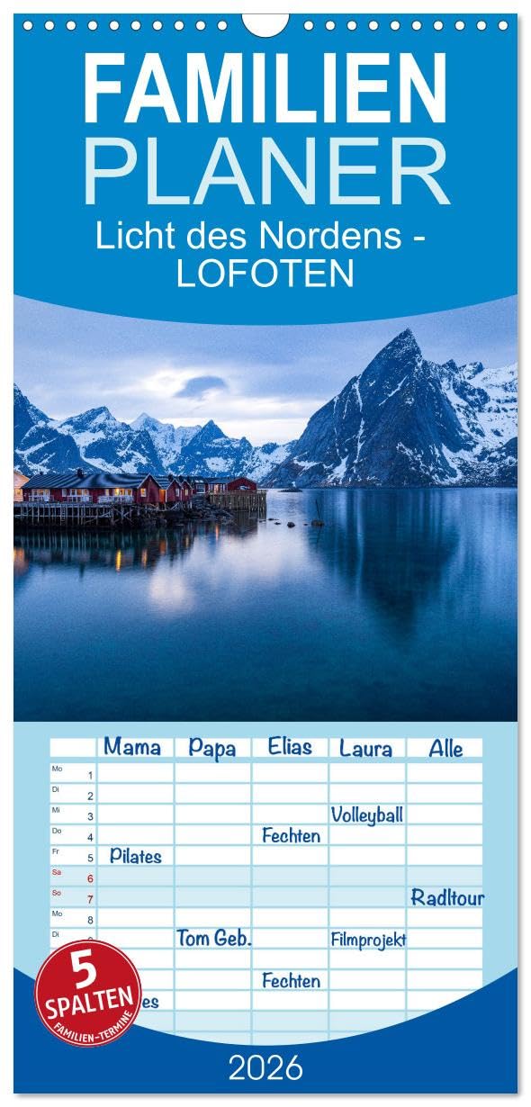 Familienplaner 2026 - Licht des Nordens - LOFOTEN mit 5 Spalten (Wandkalender, 21 cm x 45 cm), CALVENDO Leisure, Home & Garden