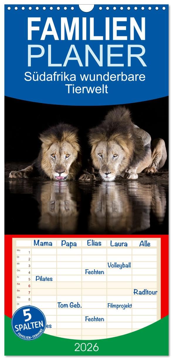 Familienplaner 2026 - Südafrika wunderbare Tierwelt mit 5 Spalten (Wandkalender, 21 cm x 45 cm), CALVENDO Business & Technology