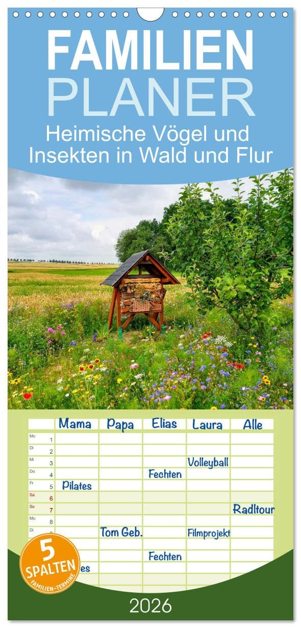 Familienplaner 2026 - Heimische Vögel und Insekten in Wald und Flur mit 5 Spalten (Wandkalender, 21 cm x 45 cm), CALVENDO Natural Sciences