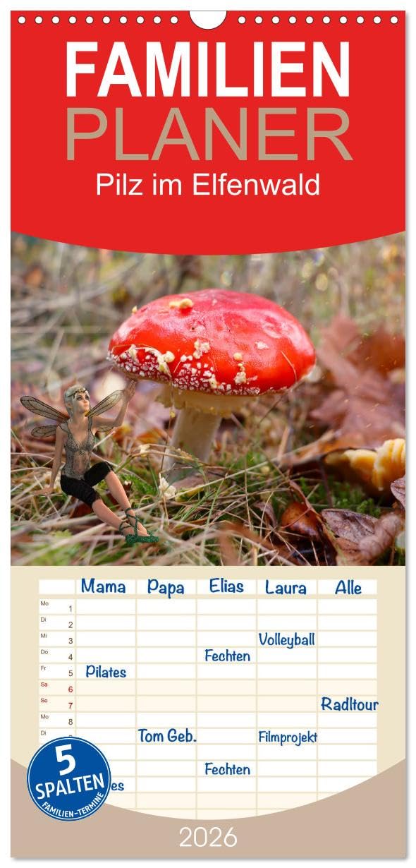 Familienplaner 2026 - Pilz im Elfenwald mit 5 Spalten (Wandkalender, 21 cm x 45 cm), CALVENDO Social Sciences
