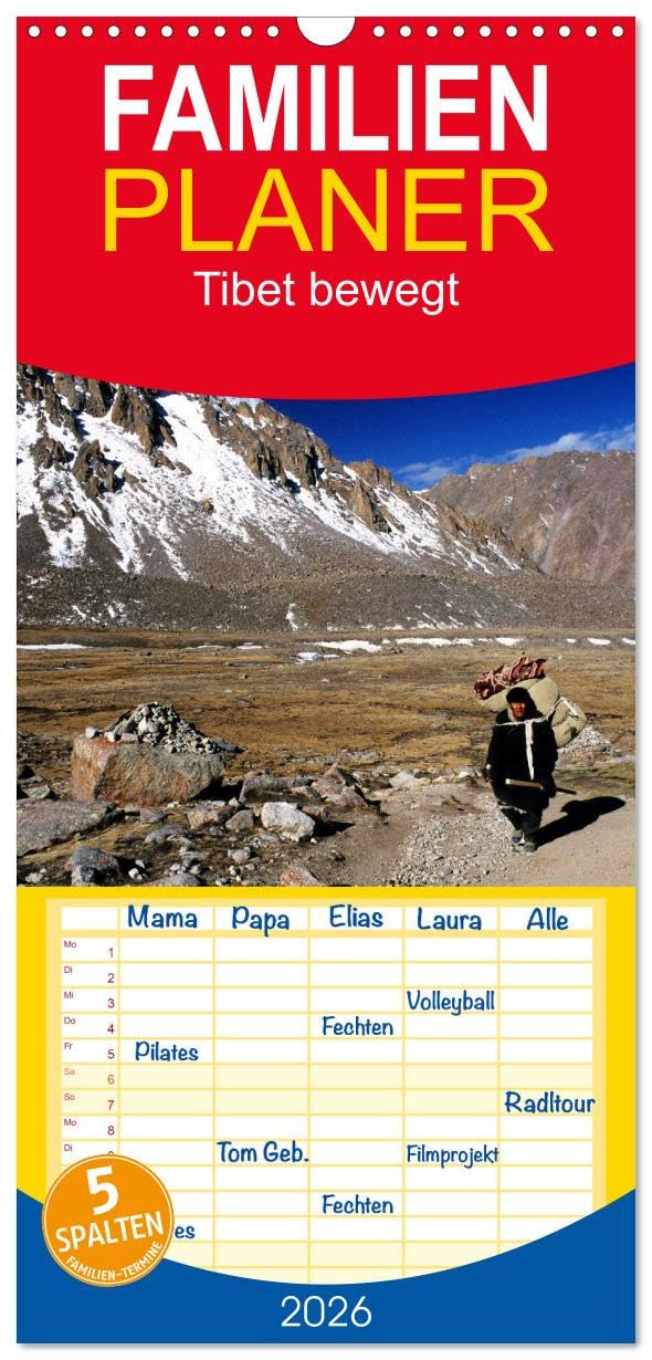 Familienplaner 2026 - Tibet bewegt mit 5 Spalten (Wandkalender, 21 cm x 45 cm), CALVENDO Film, Art & Culture