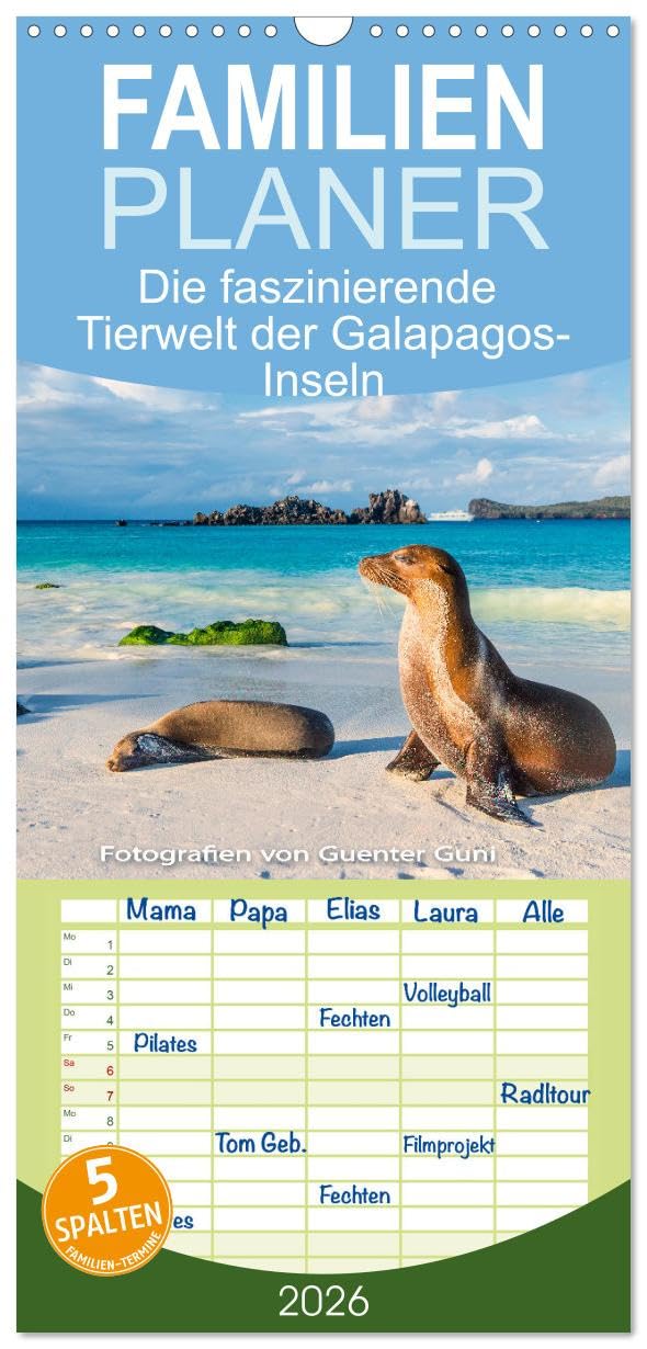 Familienplaner 2026 - Die faszinierende Tierwelt der Galapagos-Inseln mit 5 Spalten (Wandkalender, 21 cm x 45 cm), CALVENDO Natural Sciences