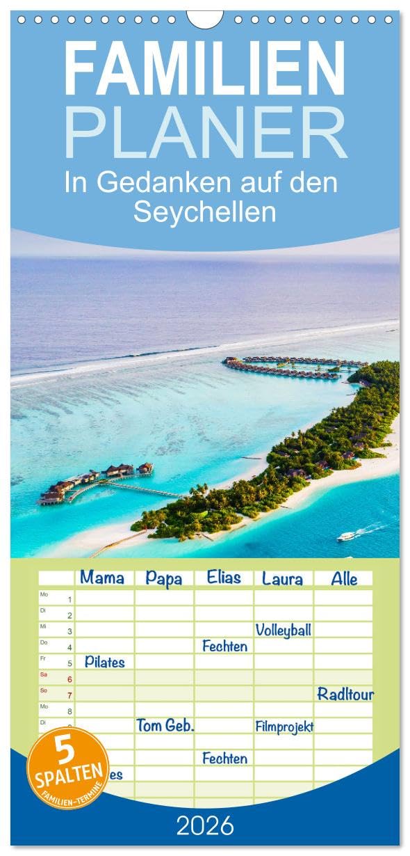 Familienplaner 2026 - In Gedanken auf den Seychellen mit 5 Spalten (Wandkalender, 21 cm x 45 cm), CALVENDO Leisure, Home & Garden