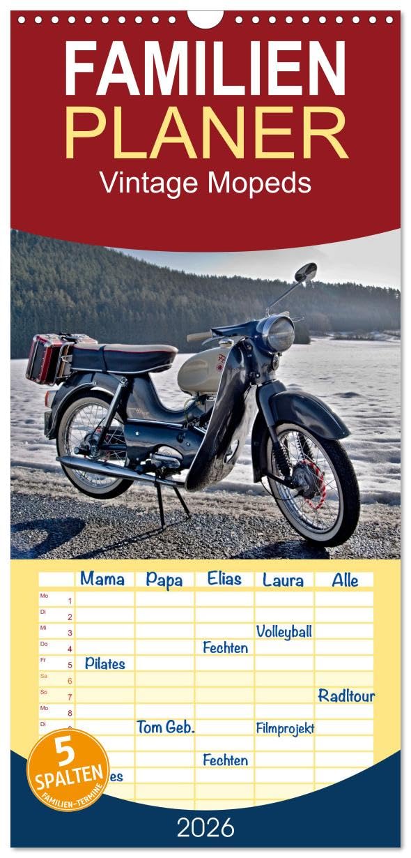 Familienplaner 2026 - Vintage Mopeds mit 5 Spalten (Wandkalender, 21 cm x 45 cm), CALVENDO Photography