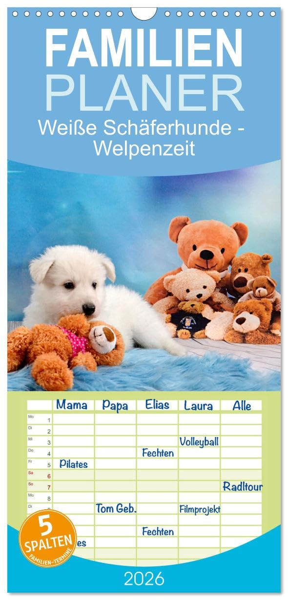 Familienplaner 2026 - Weiße Schäferhunde - Welpenzeit mit 5 Spalten (Wandkalender, 21 cm x 45 cm), CALVENDO Living & Furnishing
