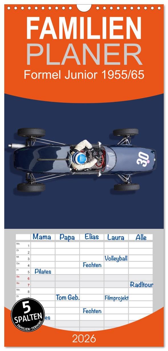 Familienplaner 2026 - Legenden des Rennsports - Formel Junior 1955-1965 mit 5 Spalten (Wandkalender, 21 cm x 45 cm), CALVENDO Leisure, Home & Garden
