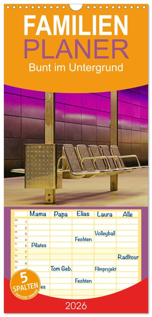 Familienplaner 2026 - Bunt im Untergrund mit 5 Spalten (Wandkalender, 21 cm x 45 cm), CALVENDO Calendars