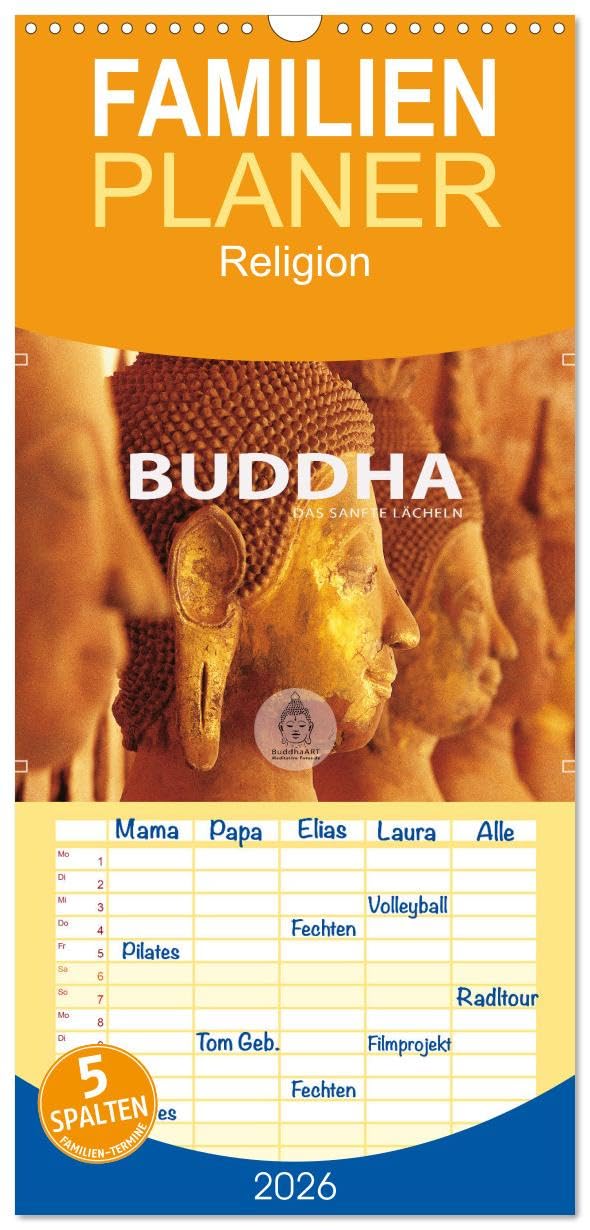 Familienplaner 2026 - BUDDHA - Ein sanftes Lächeln mit 5 Spalten (Wandkalender, 21 cm x 45 cm), CALVENDO Calendars