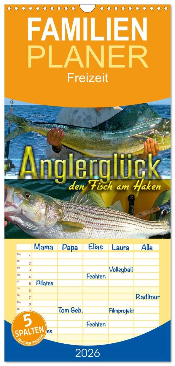 Familienplaner 2026 - Anglerglück - den Fisch am Haken mit 5 Spalten (Wandkalender, 21 cm x 45 cm), CALVENDO Leisure & Fun