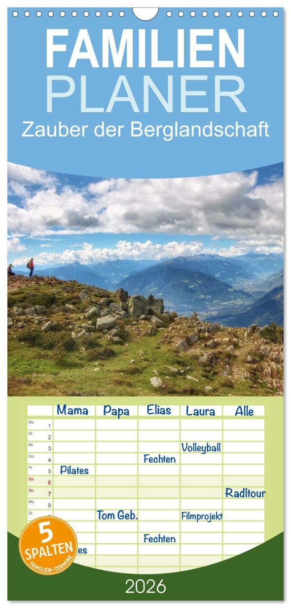 Familienplaner 2026 - Zauber der Berglandschaft mit 5 Spalten (Wandkalender, 21 cm x 45 cm), CALVENDO Leisure, Home & Garden