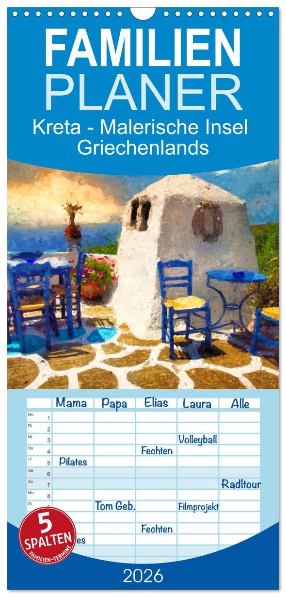 Familienplaner 2026 - Kreta - Malerische Insel Griechenlands mit 5 Spalten (Wandkalender, 21 cm x 45 cm), CALVENDO Social Sciences