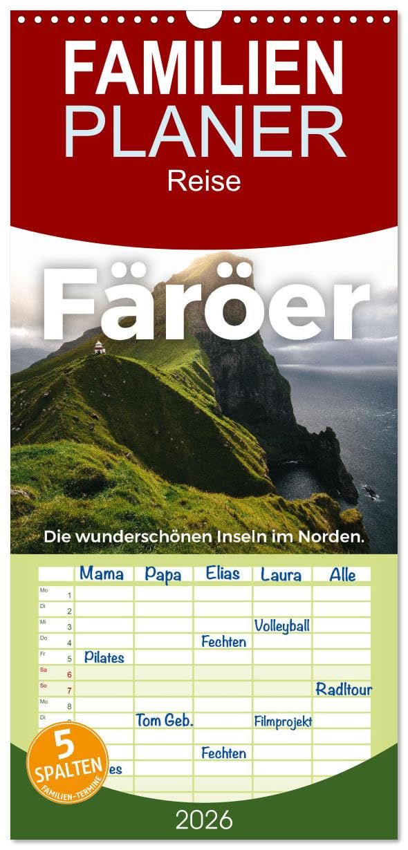 Familienplaner 2026 - Färöer - Die wunderschönen Inseln im Norden. mit 5 Spalten (Wandkalender, 21 cm x 45 cm), CALVENDO Leisure, Home & Garden