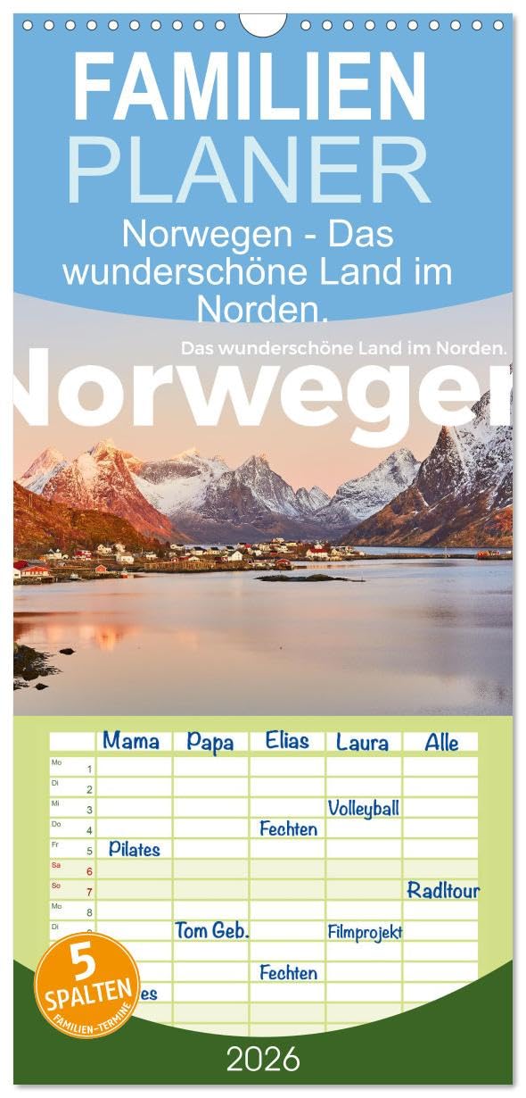 Familienplaner 2026 - Norwegen - Das wunderschöne Land im Norden. mit 5 Spalten (Wandkalender, 21 cm x 45 cm), CALVENDO Leisure, Home & Garden