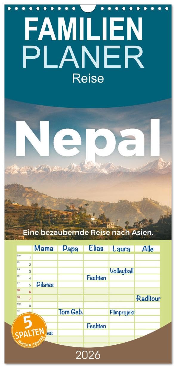 Familienplaner 2026 - Nepal - Eine bezaubernde Reise nach Asien. mit 5 Spalten (Wandkalender, 21 cm x 45 cm), CALVENDO Leisure, Home & Garden