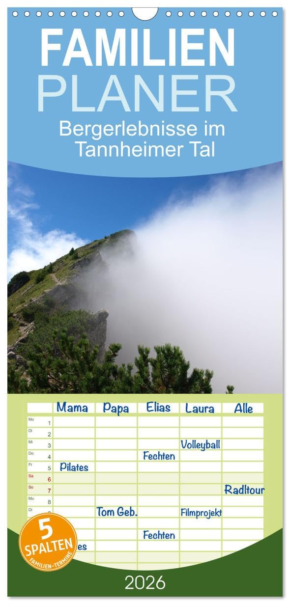 Familienplaner 2026 - Bergerlebnisse im Tannheimer Tal mit 5 Spalten (Wandkalender, 21 cm x 45 cm), CALVENDO Leisure, Home & Garden