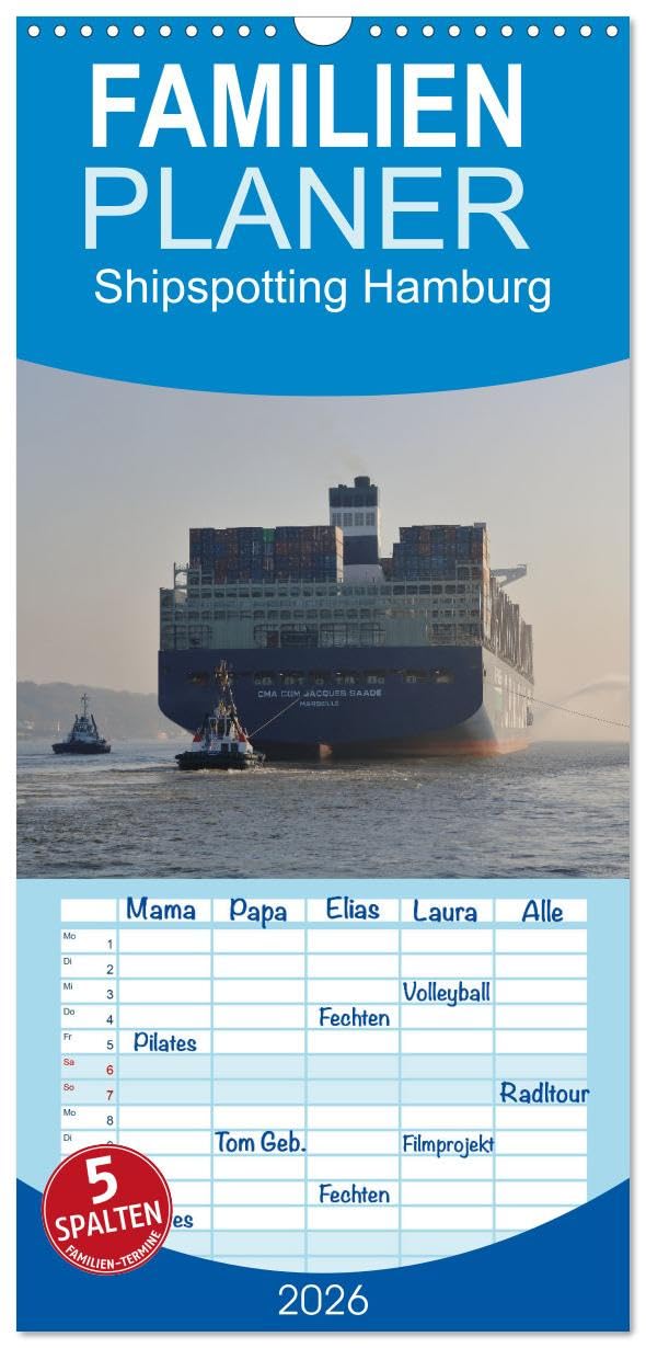 Familienplaner 2026 - Shipspotting Hamburg mit 5 Spalten (Wandkalender, 21 cm x 45 cm), CALVENDO Calendars
