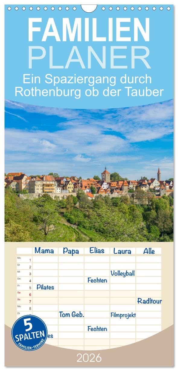 Familienplaner 2026 - Ein Spaziergang durch Rothenburg ob der Tauber mit 5 Spalten (Wandkalender, 21 cm x 45 cm), CALVENDO Leisure, Home & Garden