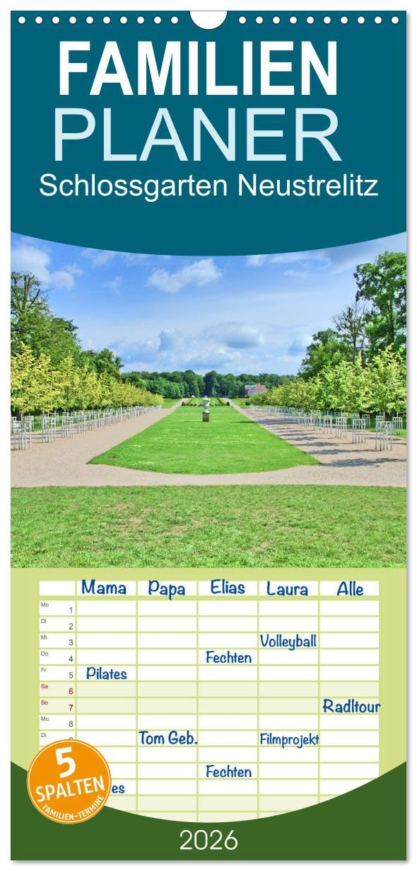 Familienplaner 2026 - Schlossgarten Neustrelitz mit 5 Spalten (Wandkalender, 21 cm x 45 cm), CALVENDO Film, Art & Culture