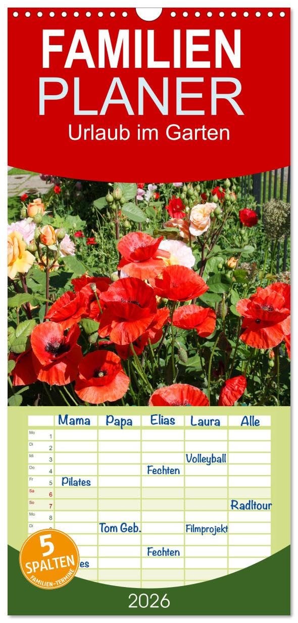 Familienplaner 2026 - Urlaub im Garten mit 5 Spalten (Wandkalender, 21 cm x 45 cm), CALVENDO Business & Technology