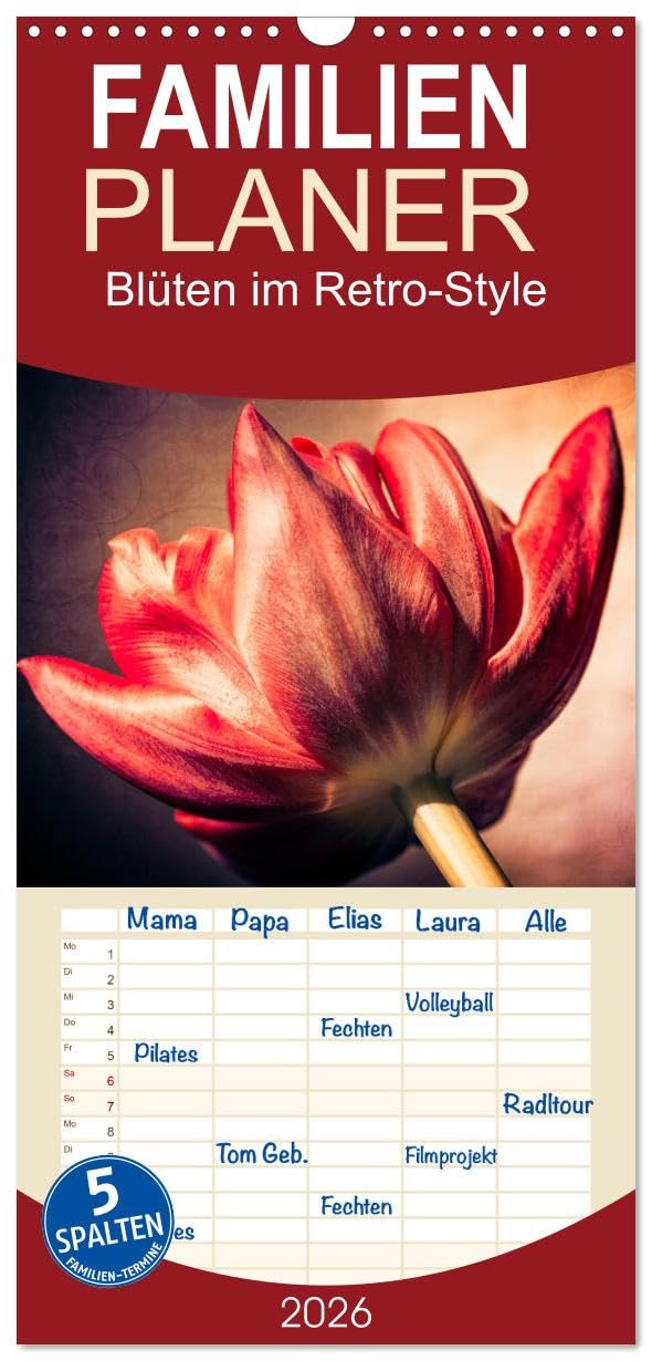 Familienplaner 2026 - Blüten im Retro-Style mit 5 Spalten (Wandkalender, 21 cm x 45 cm), CALVENDO Leisure, Home & Garden