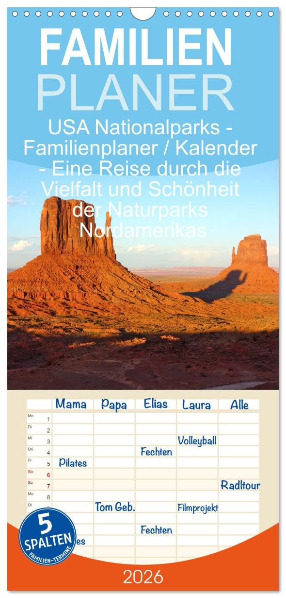 Familienplaner 2026 - USA Nationalparks - Familienplaner/Kalender - Eine Reise durch die Vielfalt und Schönheit der Naturparks Nordamerikas mit 5 Spalten (Wandkalender, 21 cm x 45 cm), CALVENDO Film, Art & Culture