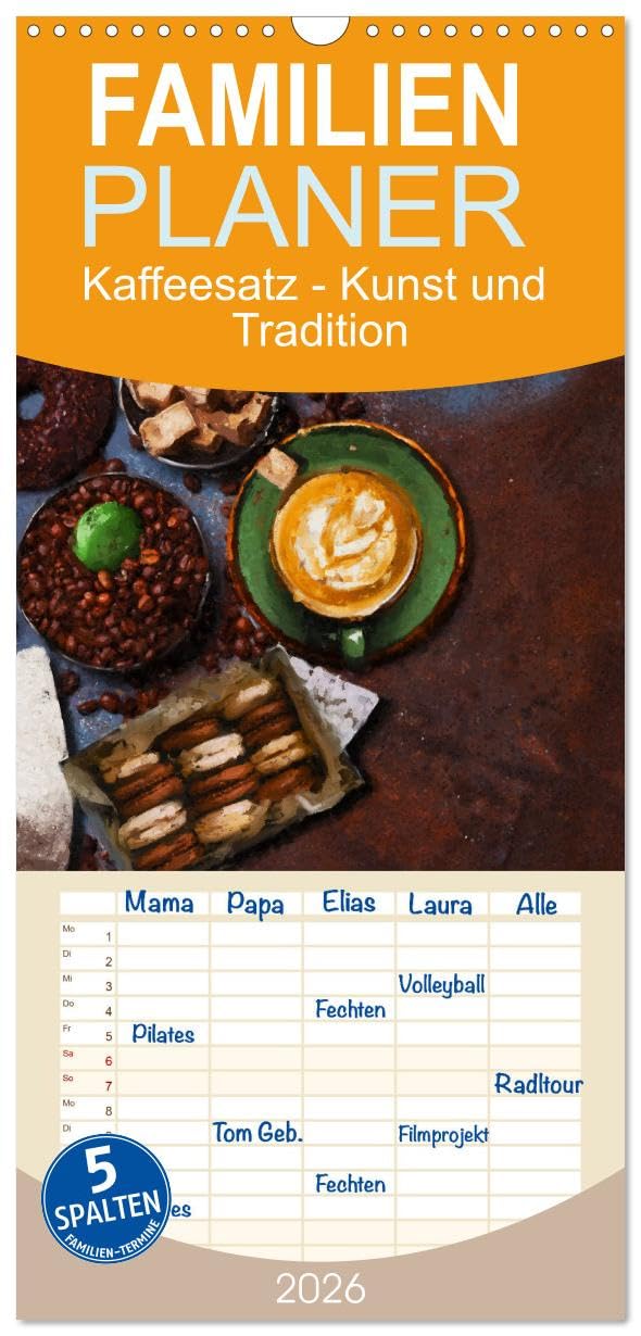Familienplaner 2026 - Kaffeesatz - Kunst und Tradition mit 5 Spalten (Wandkalender, 21 cm x 45 cm), CALVENDO Social Sciences