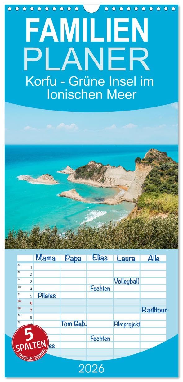Familienplaner 2026 - Korfu - Grüne Insel im Ionischen Meer mit 5 Spalten (Wandkalender, 21 cm x 45 cm), CALVENDO Leisure, Home & Garden