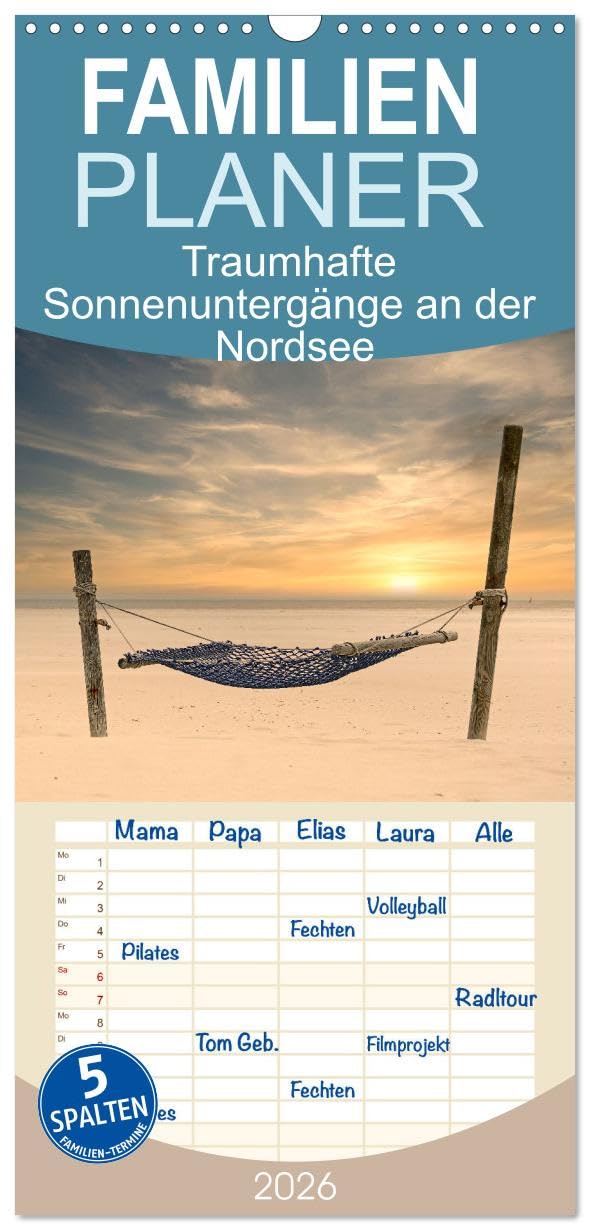 Familienplaner 2026 - Traumhafte Sonnenuntergänge an der Nordsee mit 5 Spalten (Wandkalender, 21 cm x 45 cm), CALVENDO Photography
