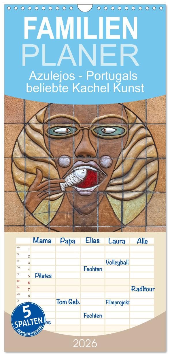 Familienplaner 2026 - Azulejos - Portugals beliebte Kachel Kunst mit 5 Spalten (Wandkalender, 21 cm x 45 cm), CALVENDO Arts & Music