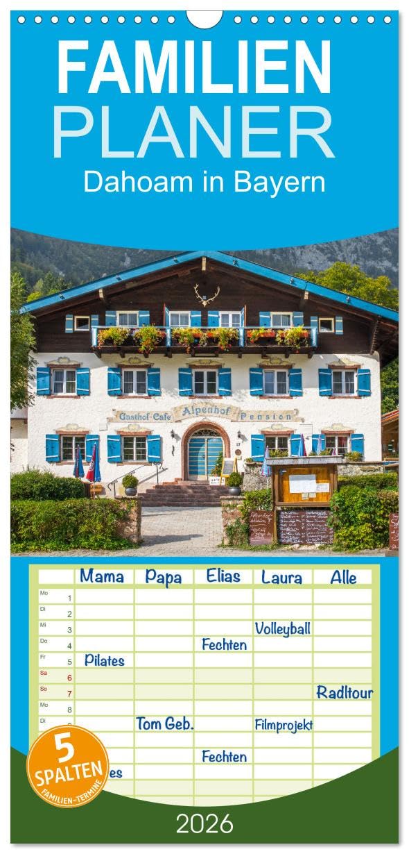 Familienplaner 2026 - Dahoam in Bayern mit 5 Spalten (Wandkalender, 21 cm x 45 cm), CALVENDO Leisure, Home & Garden