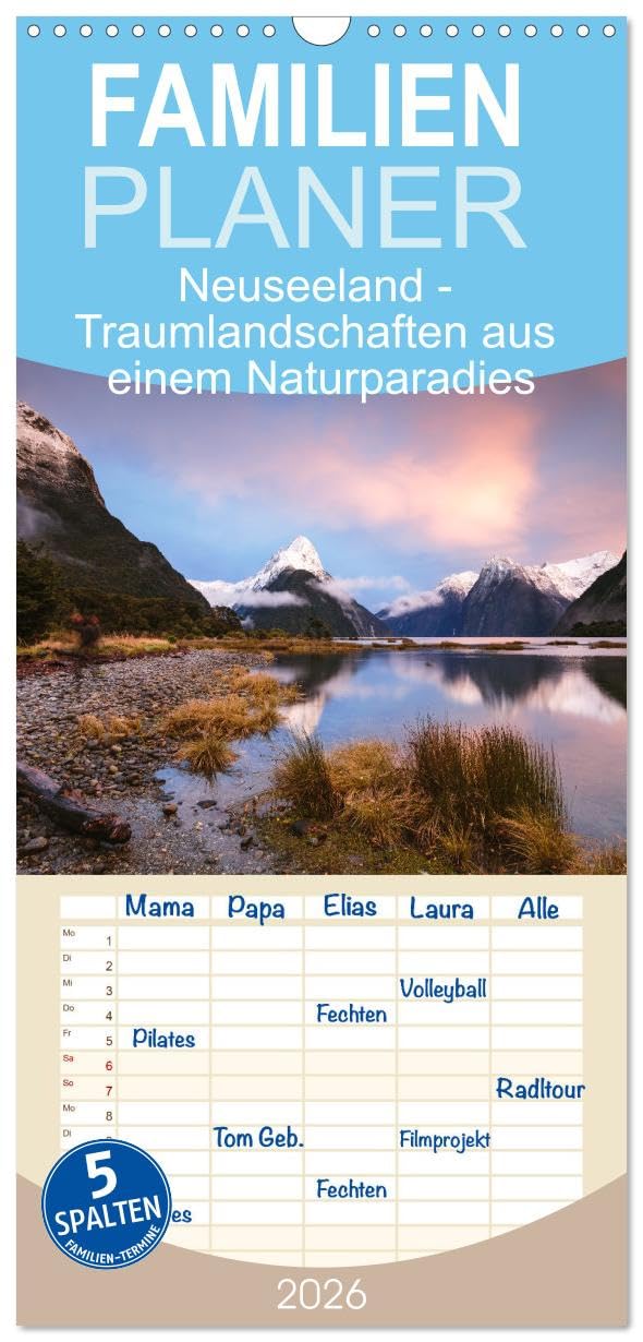 Familienplaner 2026 - Neuseeland - Traumlandschaften aus einem Naturparadies mit 5 Spalten (Wandkalender, 21 cm x 45 cm), CALVENDO Photography